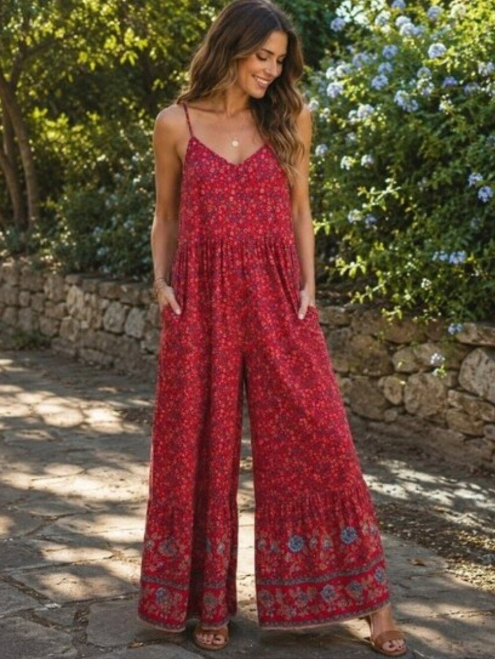 Natural Life Red Floral Wide-Leg Jumpsuit, Size M O